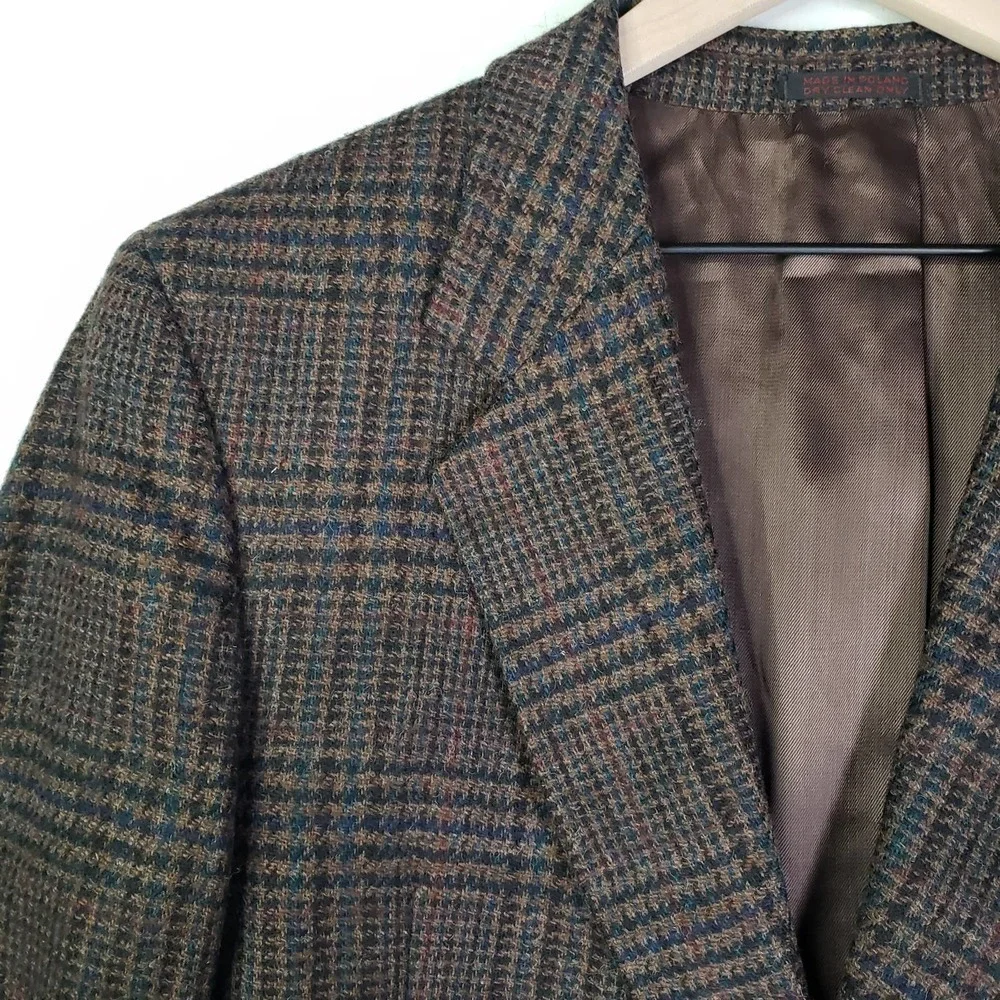 Savile Row Houndstooth Plaid Wool‎ Sport Coat Men's 42L Brown Blue Black